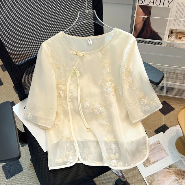 清仓捡漏~新中式国风改良刺绣盘扣衬衫女夏减龄宽松别致短袖上衣