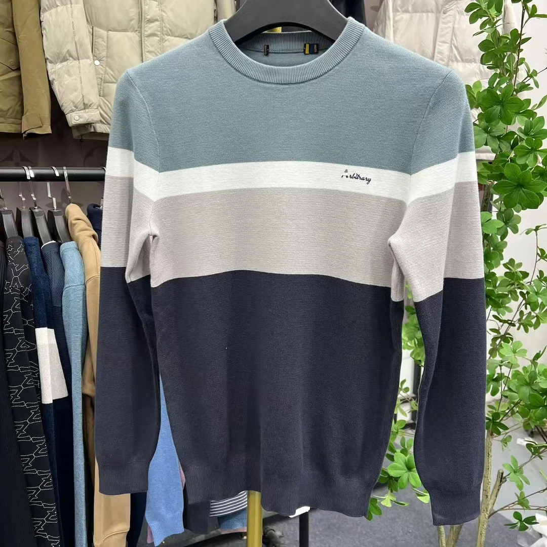 H-25年秋冬新款男士拼接撞色刺绣毛衫加厚圆领套头卫衣保暖内搭