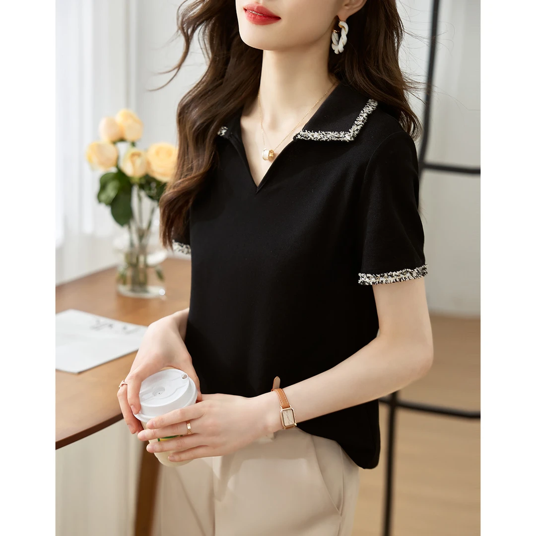 夏季女式新款气质小香风POLO领短袖t恤时尚显瘦体恤衫上衣