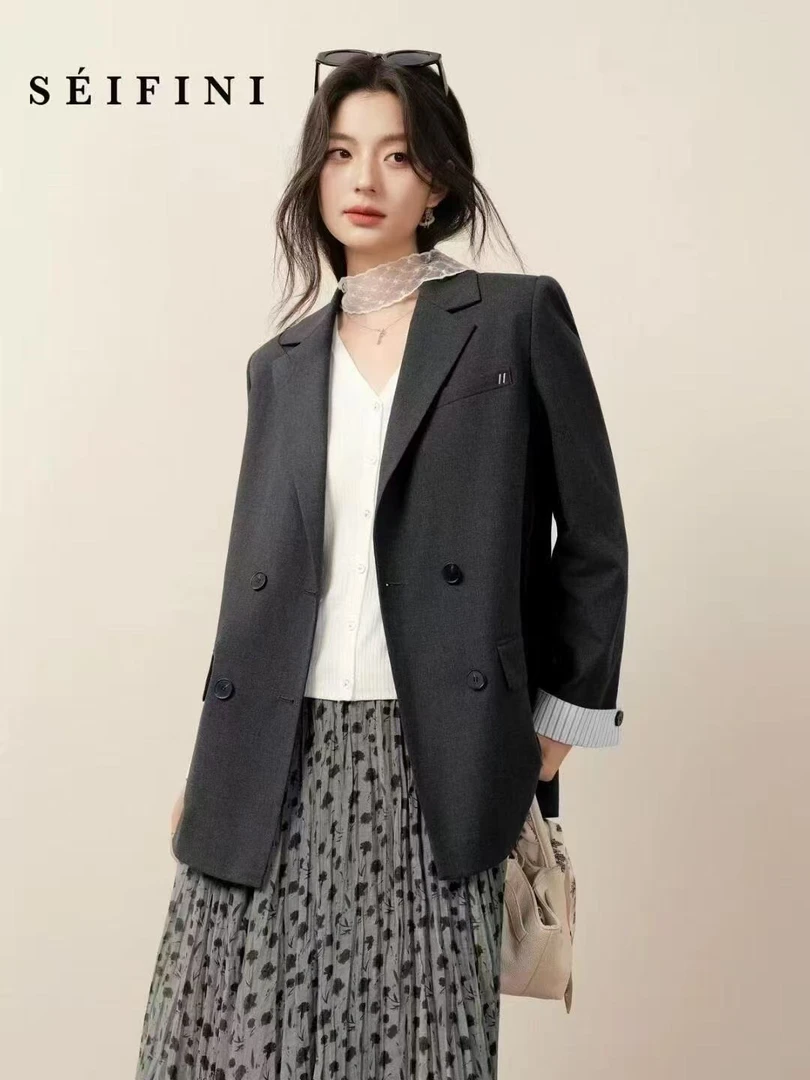 灰色条纹拼接设计感西服外套女春秋装