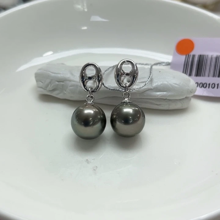 银S925镶嵌耳饰海水珍珠大溪地9-10m 31号