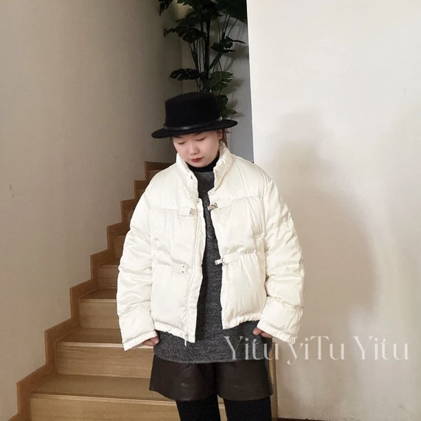 韩系立领短款小个子加厚保暖白鸭绒女冬季时尚缎面外套