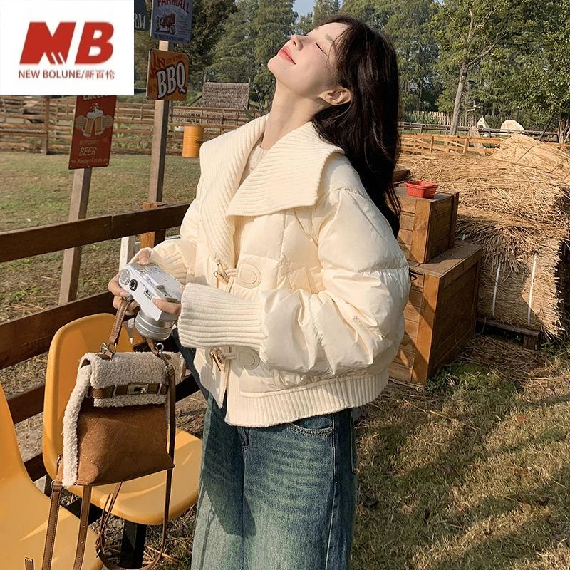 新百伦【奥莱撤柜】2025冬季新款韩系小众拼接针织棉服女大翻领短