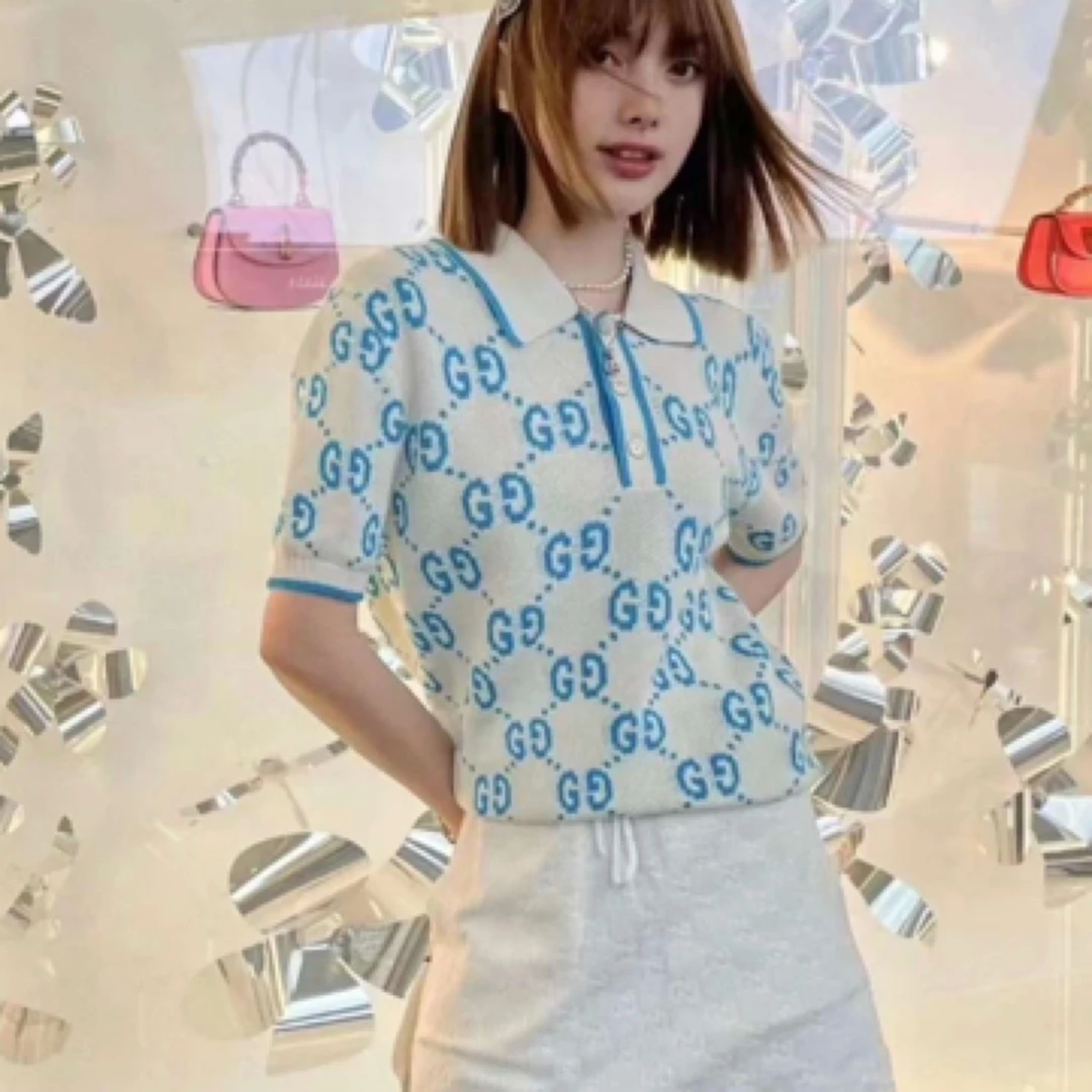 99新 GUCCI/古驰 蓝白提花满印针织短袖/尺码XS/WX109379