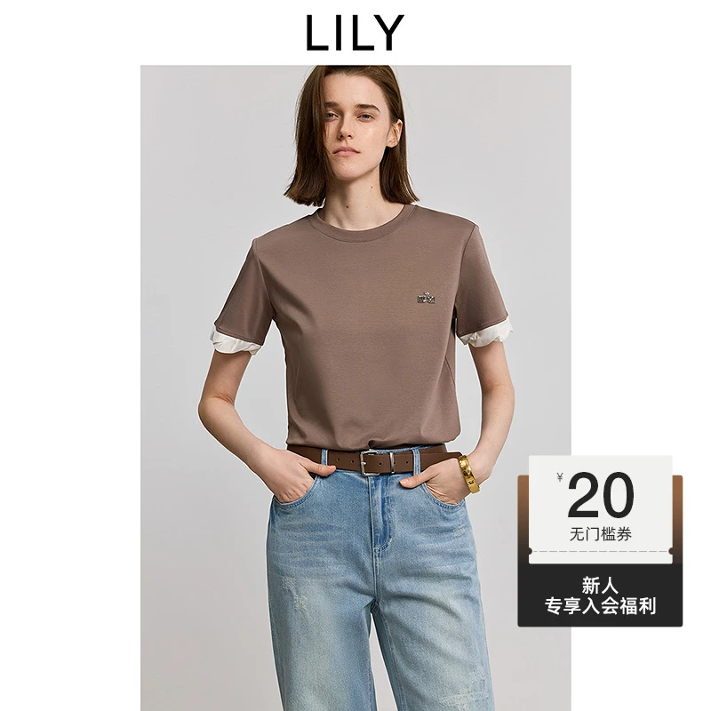 【一秒入夏】LILY2025夏新款复古简约百搭短袖正肩T恤女125239VT983