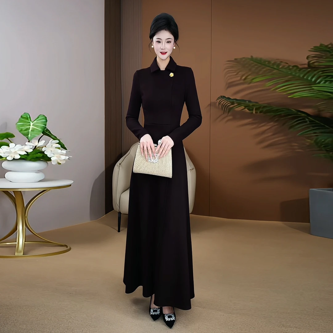 紫色连衣裙2025时尚两穿领型显瘦显高长裙1087