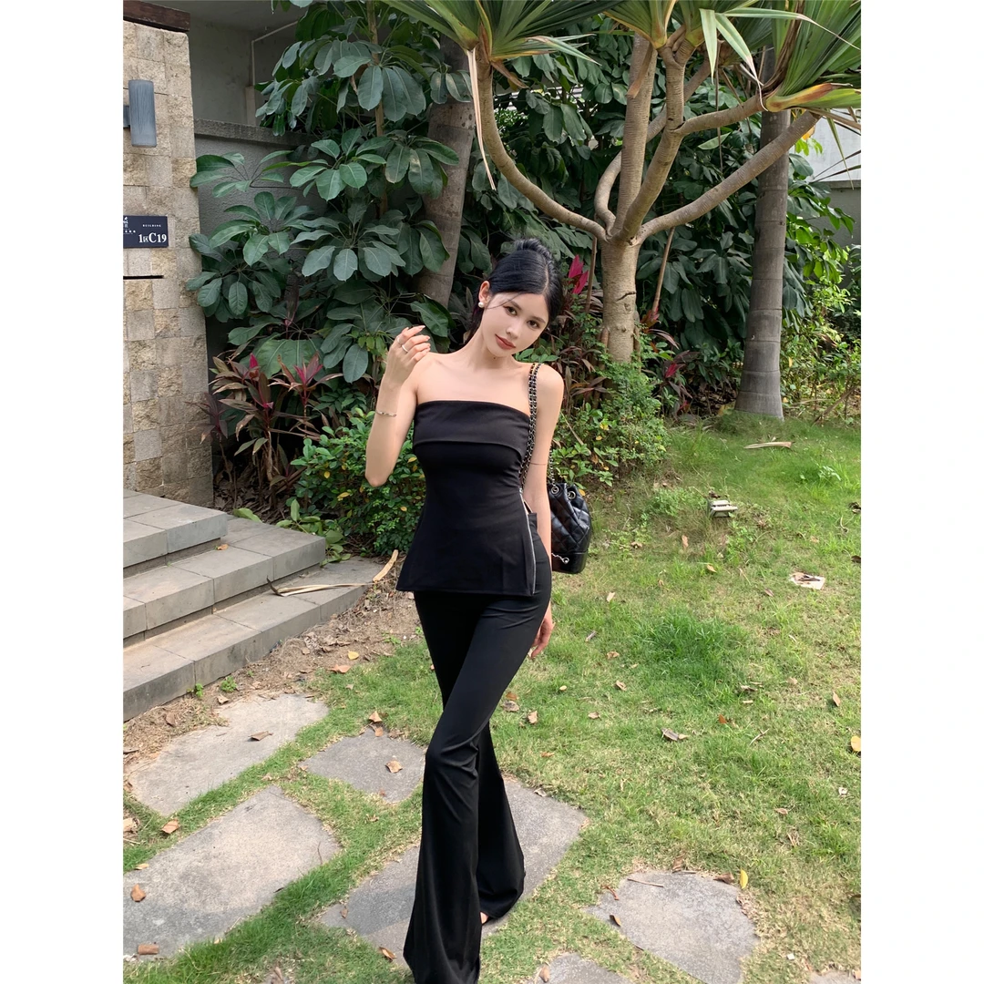 轻奢抹胸一字肩上衣+高腰显瘦提臀外穿微喇瑜伽裤网红款