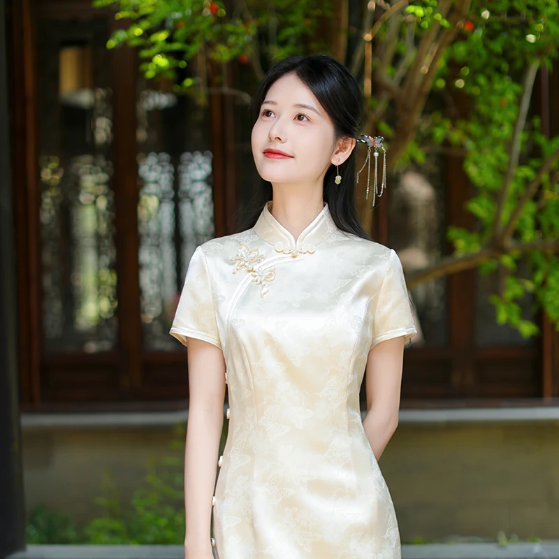 时光【枕月】绝美新中式醋酸旗袍女夏季长款白色日常修身连衣裙