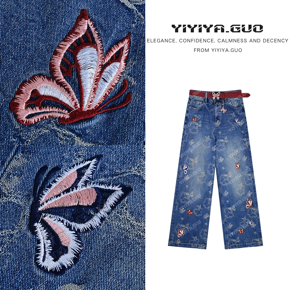 yiyiya.Guo艺艺吖【蝴蝶牛仔】百搭时尚刺绣直筒牛仔裤080201SS52