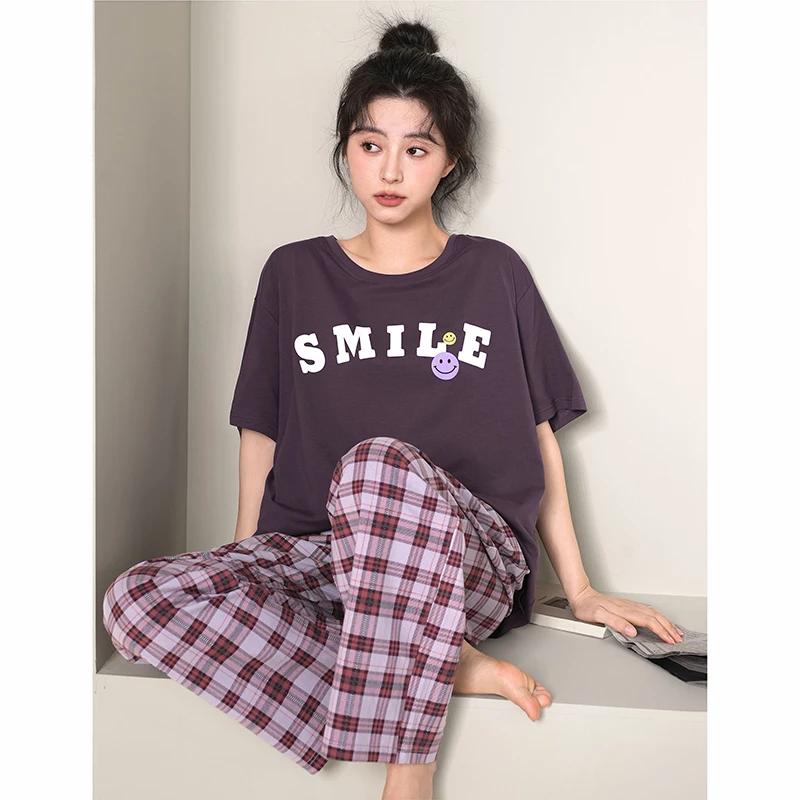 陌娇睡衣女春夏季新款宽松休闲可外穿纯棉短袖格子长裤家居服套装