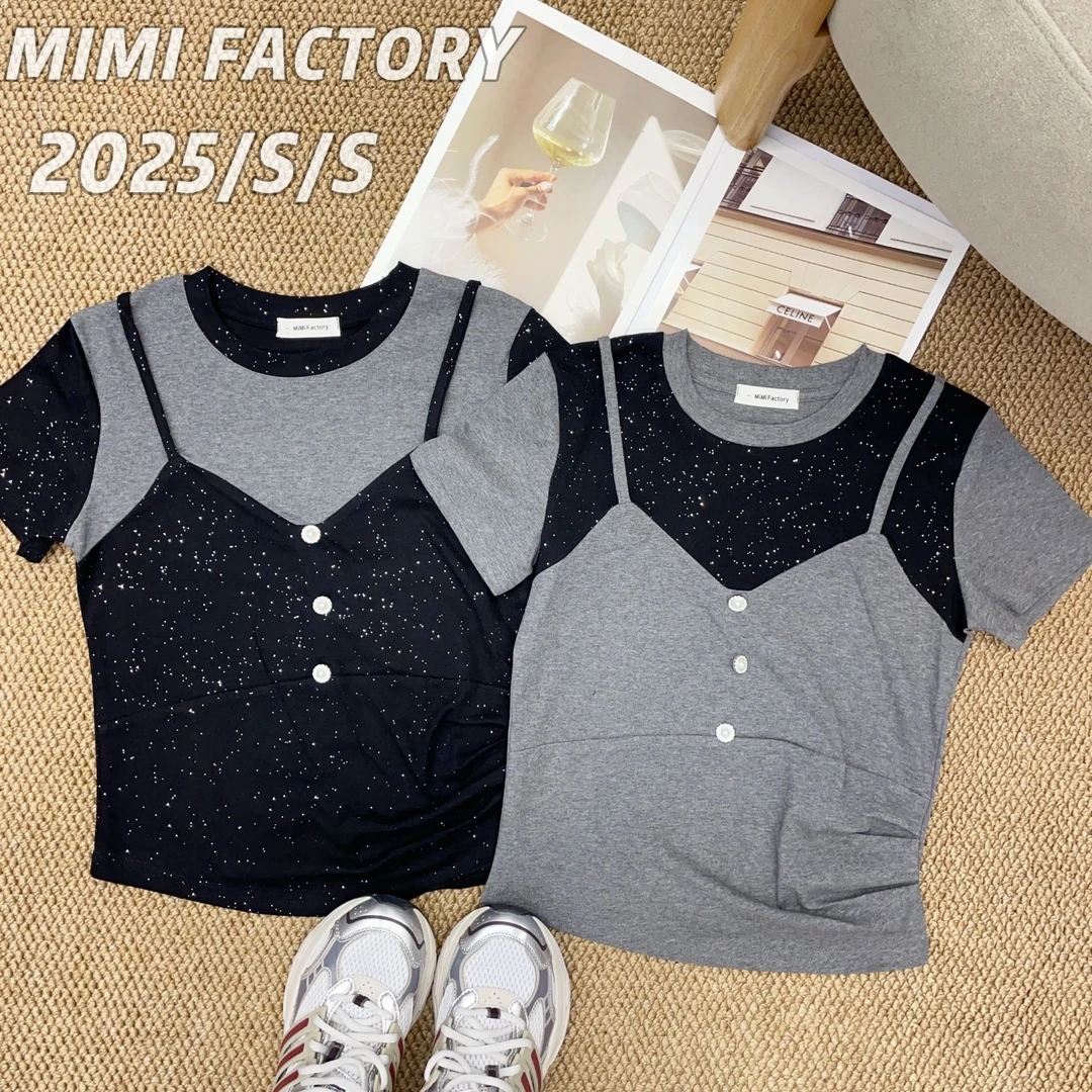 芈芈-2025新款短袖 撞色拼接假两件时尚百搭短袖T恤女上衣#4686