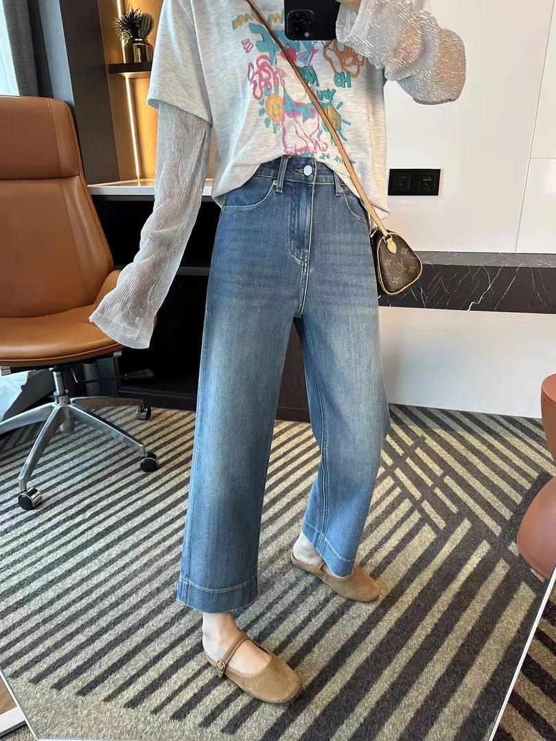 高腰九分直筒牛仔裤女2025秋季新款大码胖mm百搭显瘦弹力阔腿裤子