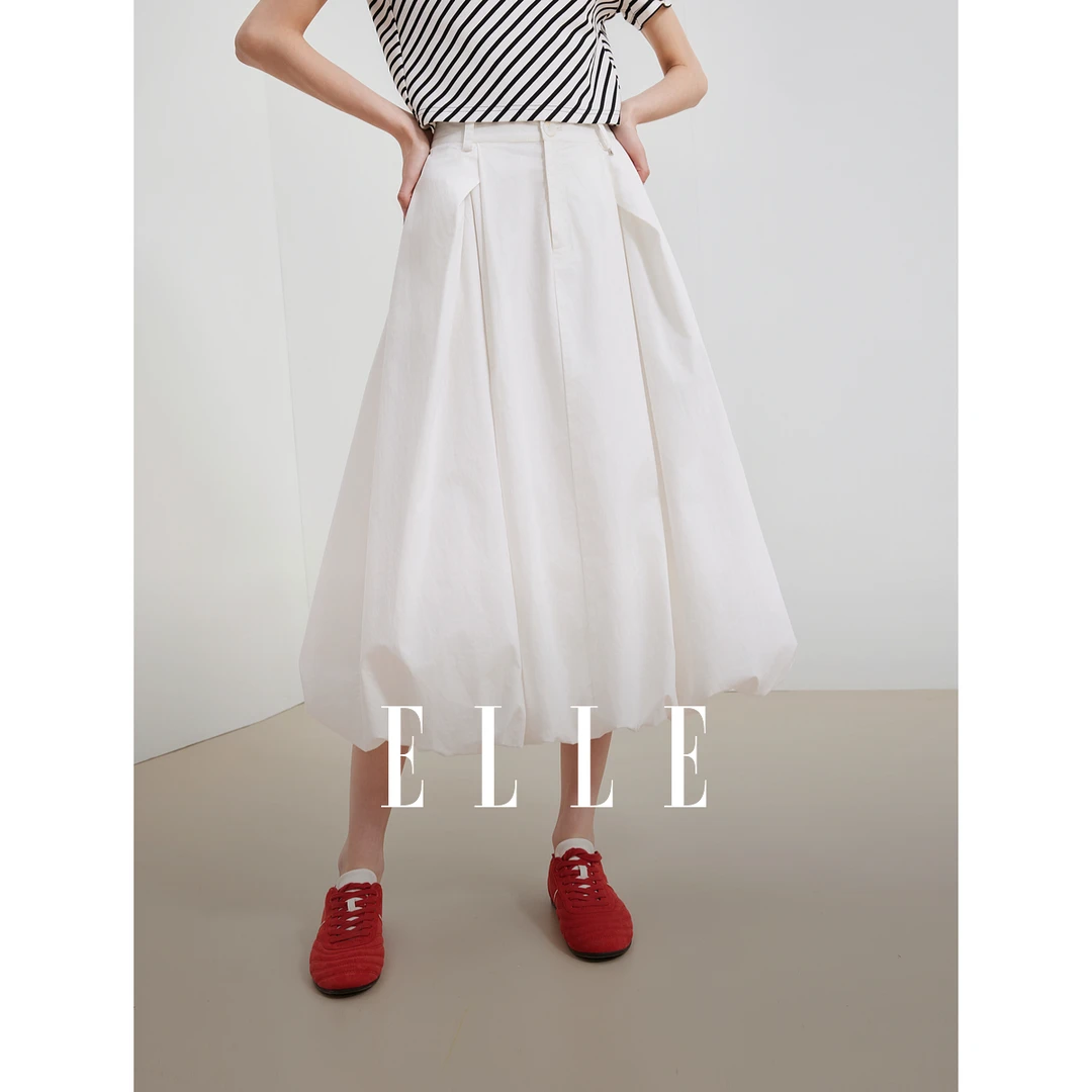 ELLE奶油花苞裙优雅半身裙女2025夏季新款设计感高腰简约ER51708