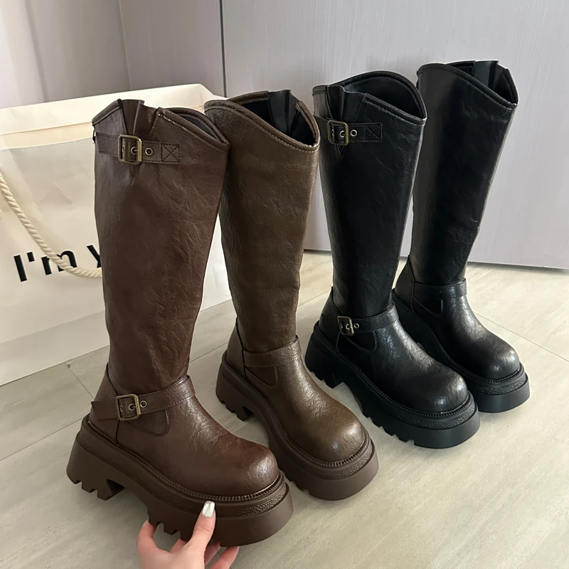 超火厚底加绒长筒靴女冬季新款小个子增高骑士靴复古不过膝高筒靴