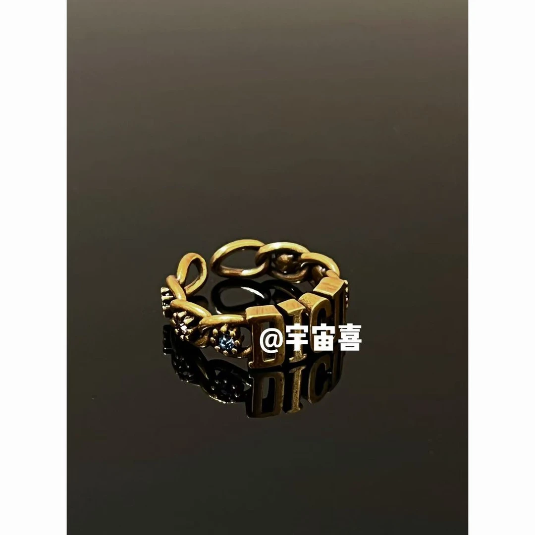 黄铜锆石戒指 Q2-106【彩色锆石小花古巴链条开口字母戒指】
