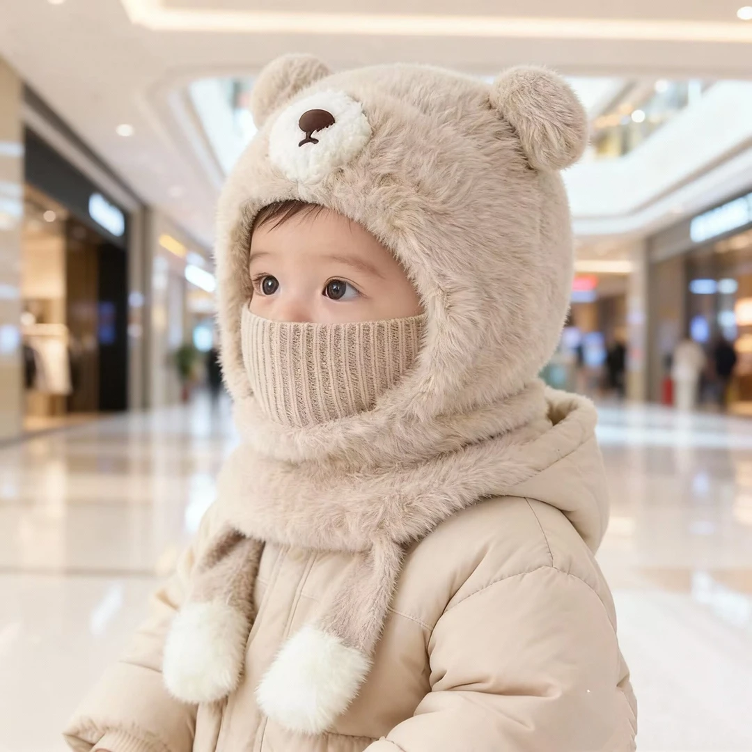 宝宝帽子冬季毛绒帽婴儿可爱小熊加厚保暖男女儿童针织防风护耳帽