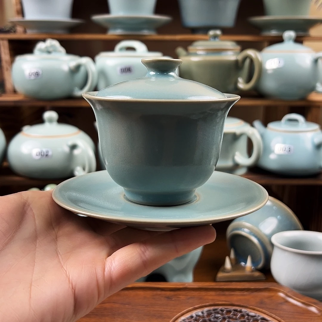 仿古青绿釉水三才手工盖碗