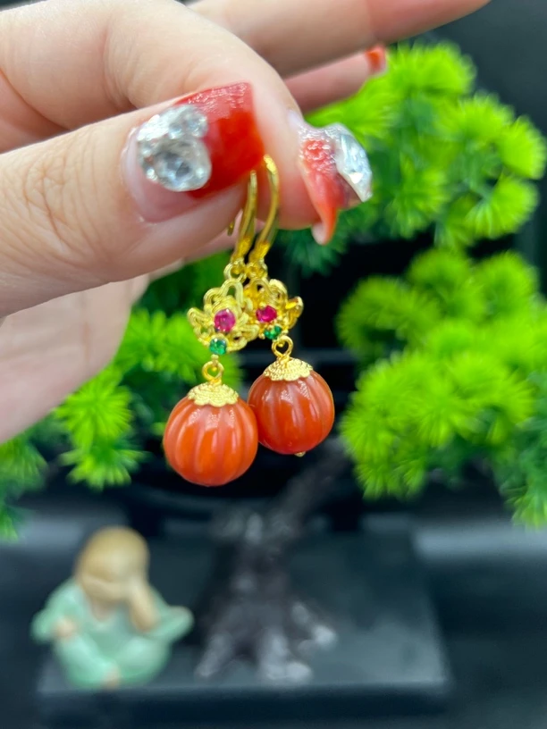 冰红14mm圆珠耳环精致耳饰（南瓜珠）