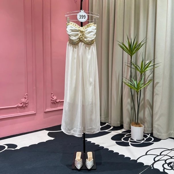 【欧一】399号重工钉钻珠片抹胸连衣裙高腰显瘦生日宴会礼服