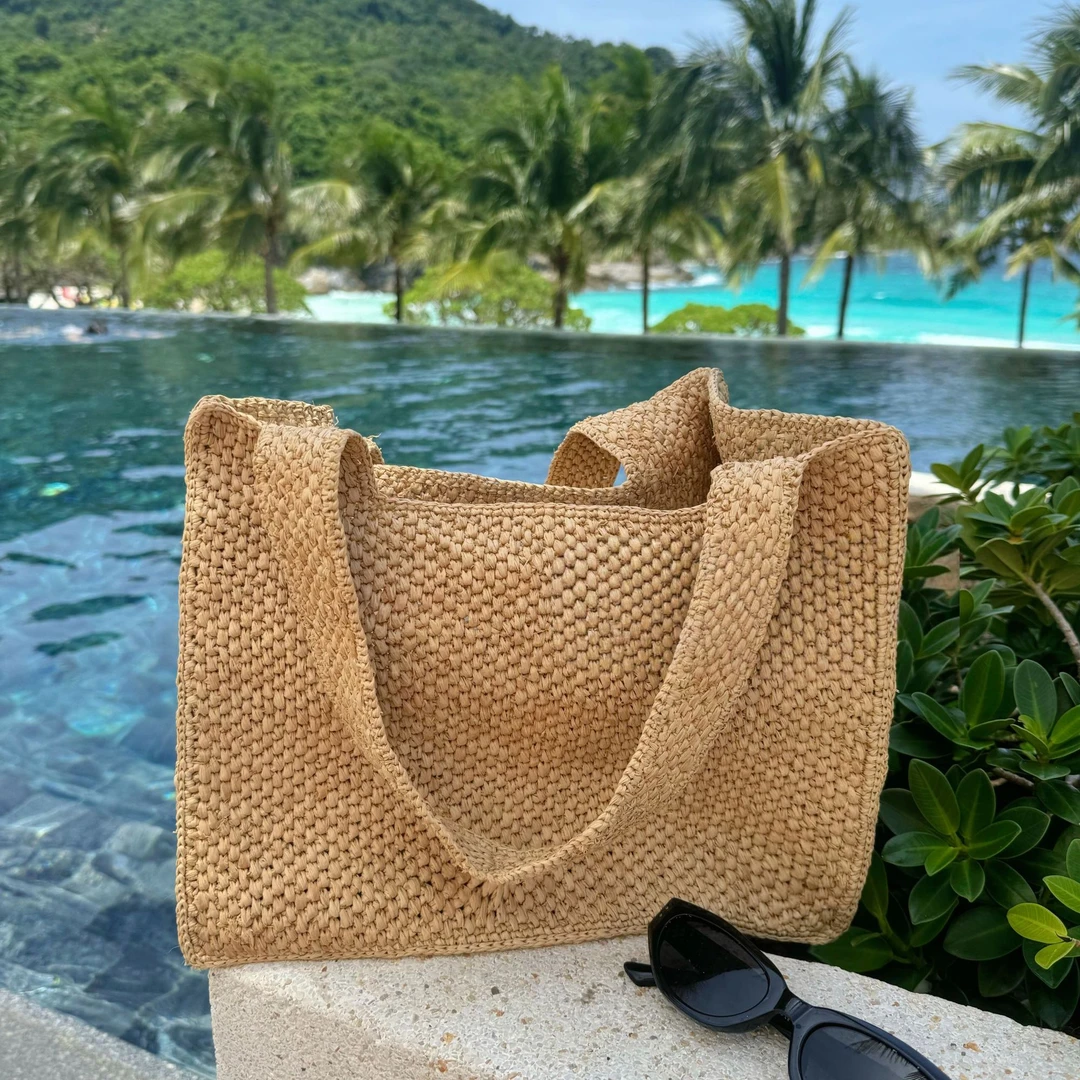 天然拉菲草法式草编包女编织手拎小方包海边度假沙滩大容量草包女