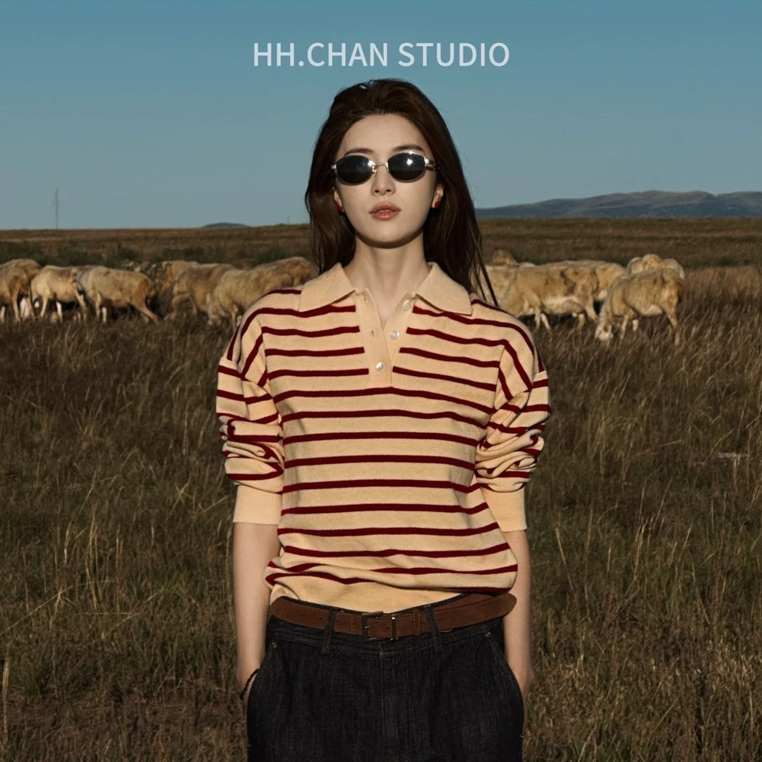 HH.CHAN"蛋特"100%羊毛美式街头polo翻领红条纹polo衫HH5338718