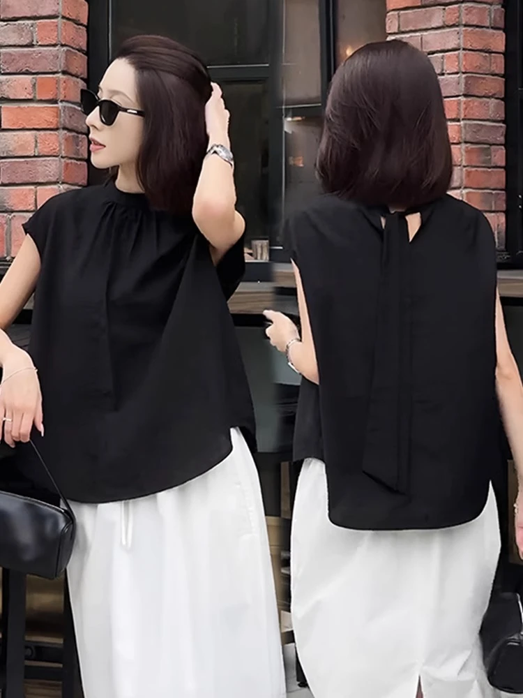 法式高级感黑色系带飞飞袖衬衫2025新款女夏季宽松设计感镂空上衣