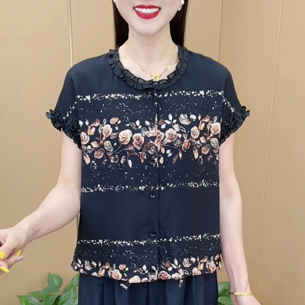 夏季新款时尚圆领木耳花边设计感宽松遮肚显瘦休闲短袖上衣M6850