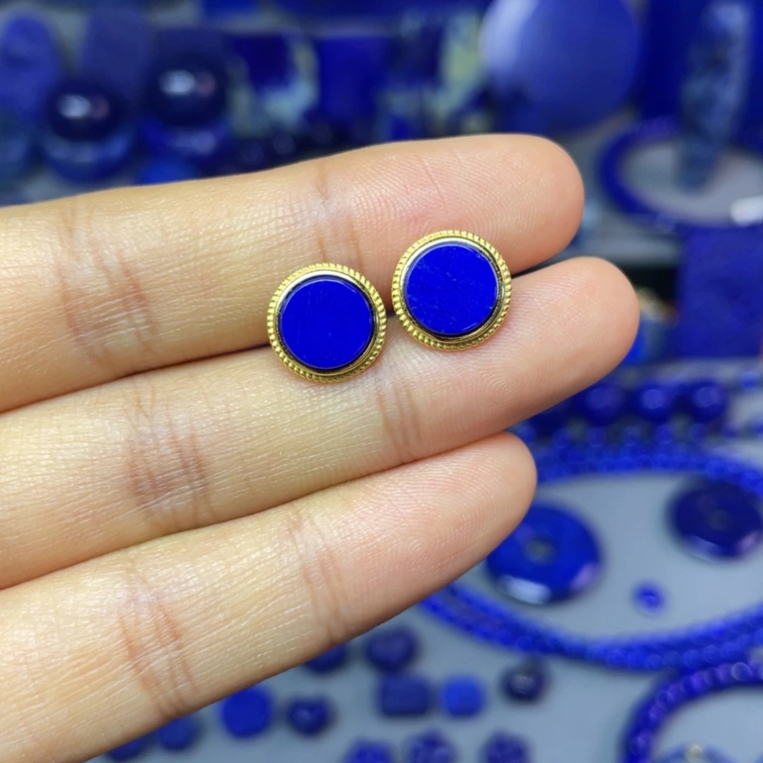 青金石银S925镀金镶嵌10mm耳饰