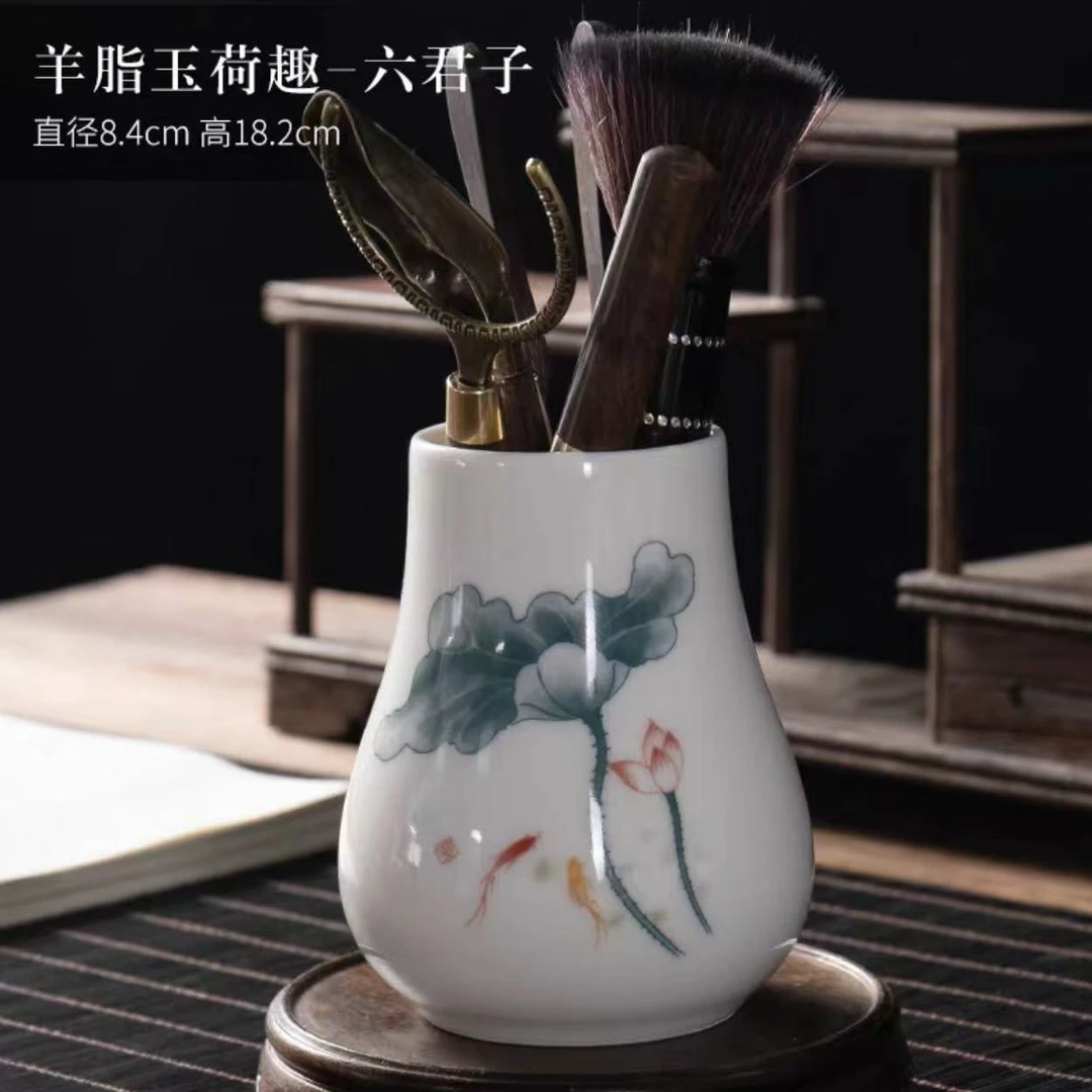 Z1909-复古鱼戏荷欢茶道陶瓷桶桌面泡茶工具功夫茶具配件家用