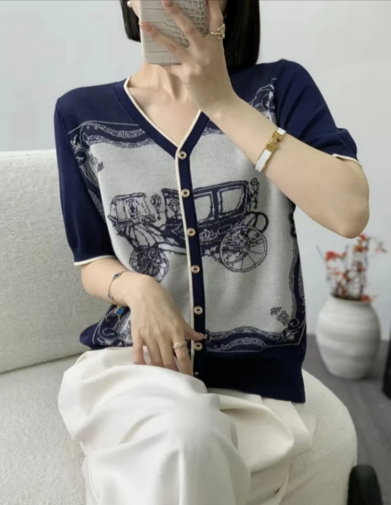 【马车短袖】 高级复古提花时尚百 搭针织衫