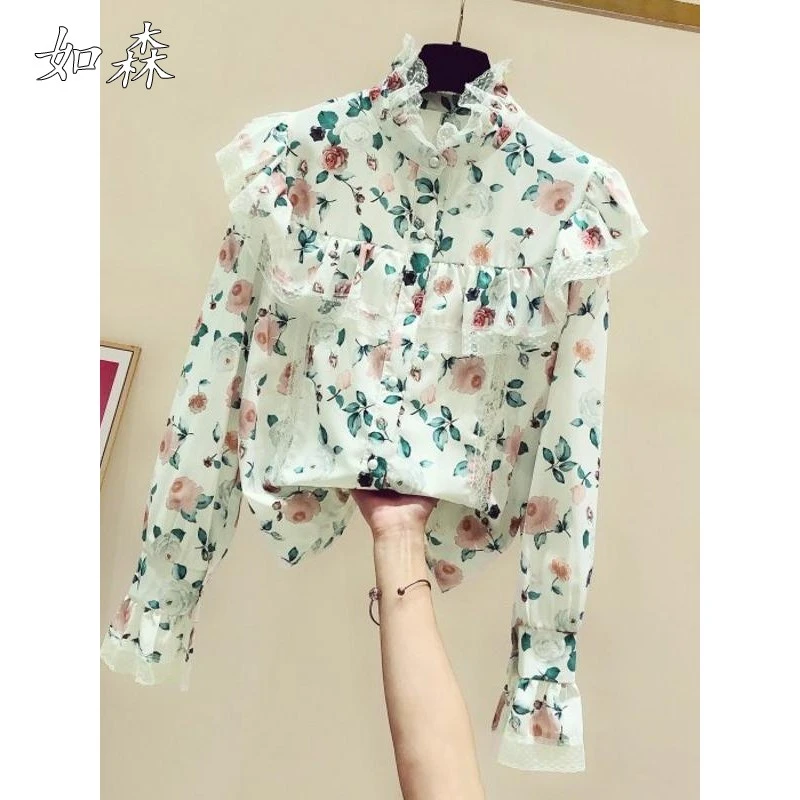 复古立领碎花荷叶边喇叭袖雪纺衬衫女2025春秋新款休闲小众衬衣潮
