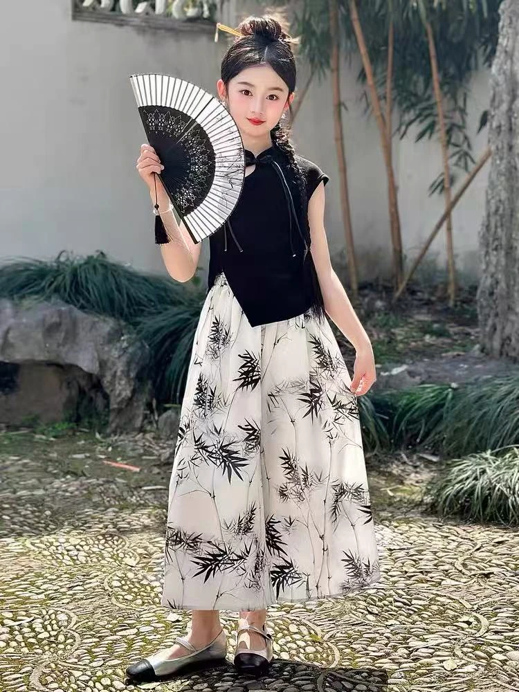 【64】-女童学院风套装夏季2025新款儿童服装卡通两件套145