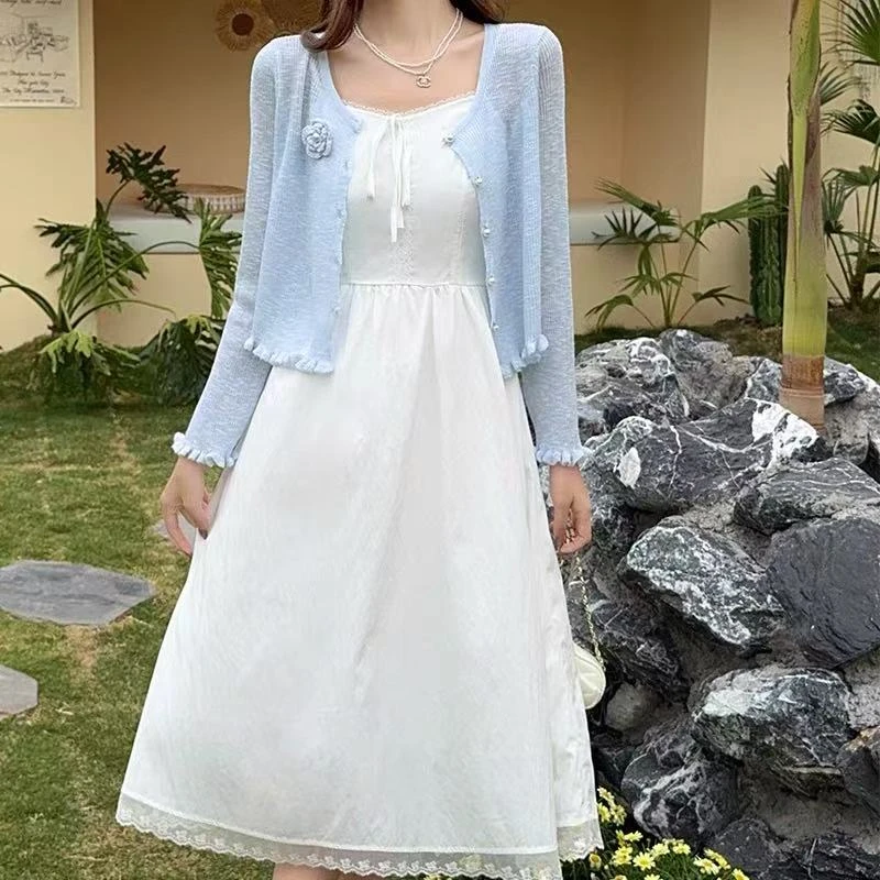 夏季新款甜美减龄时尚花朵长袖针织开衫披肩配吊带裙上衣