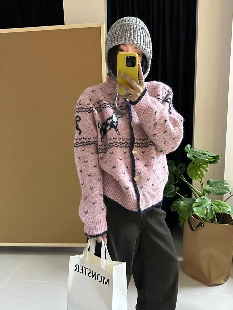 루루가−  （费尔岛小狗）韩国东大门羊毛外套女韩版冬新软糯针织开衫潮