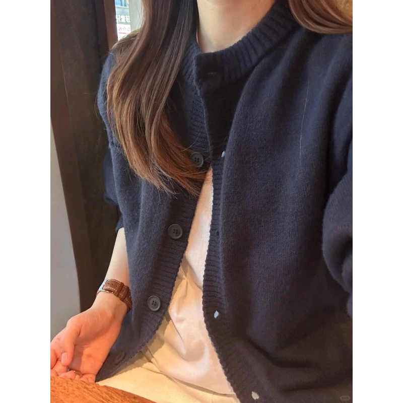 藏青色开衫毛衣男秋冬情侣款圆领针织衫日系复古慵懒风宽松外套
