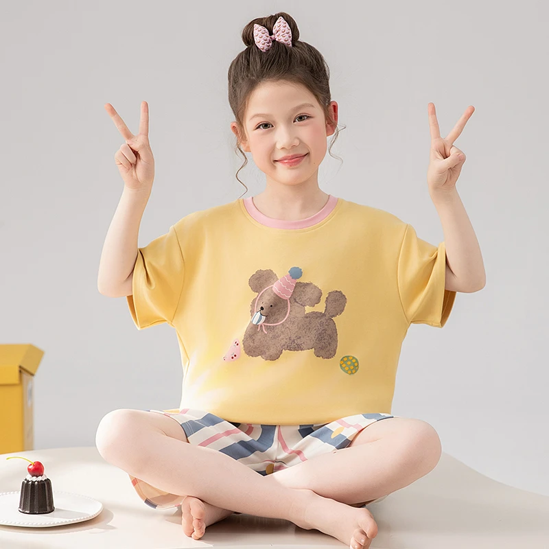 bejirog/北极绒洋气卡通可外穿女小童短袖短裤纯棉夏季睡衣两件套