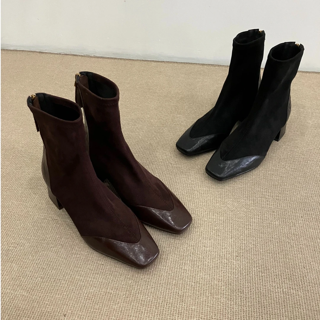 复古英伦风气质小方头拼接设计时尚百搭瘦瘦靴粗跟后拉链短靴秋季