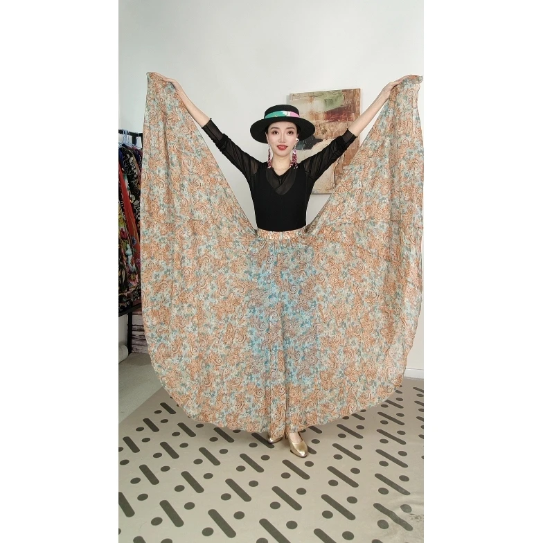 C008女款时尚印花百搭半身裙/720大裙摆带内衬