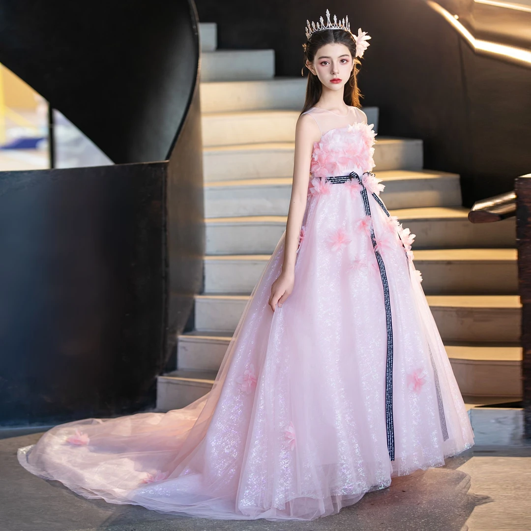 女童晚礼服拖尾轻奢洋气公2025新款T台模特走秀主持人钢琴演出服