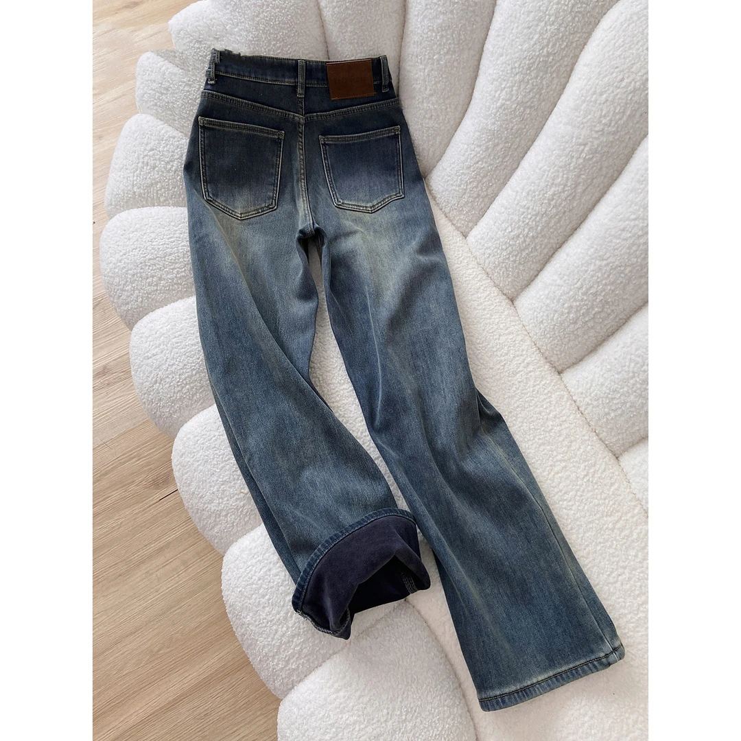 美式复古水泥灰加绒阔腿牛仔裤女2025年秋冬新款小个子窄版直筒裤