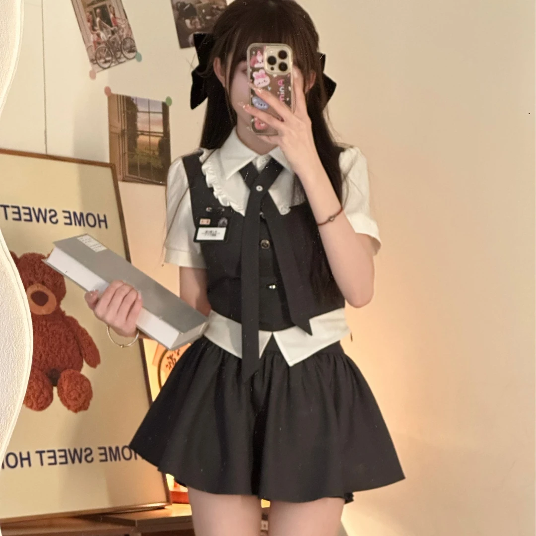 雾灰信号 织物猪原创 春夏收腰显瘦气质假两件衬衫背带百褶短裙