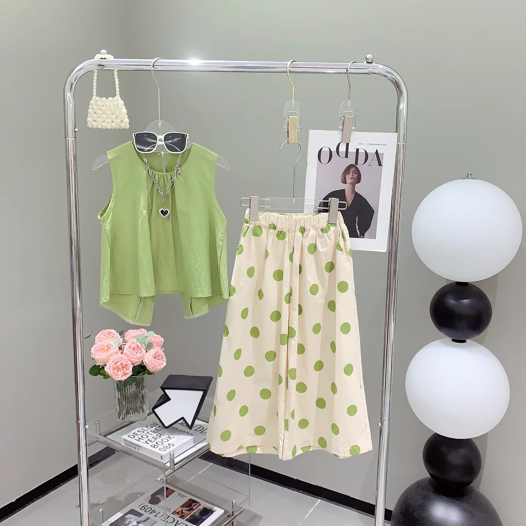 2025夏女童纯色不规则娃娃衫上衣+波点九分裤—Y2556