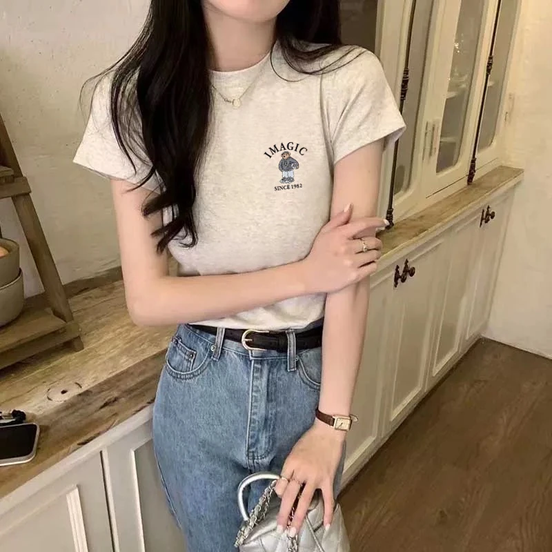 夏季薄款2025年新款正肩纯棉短袖t恤女百搭修身洋气灰色上衣短款