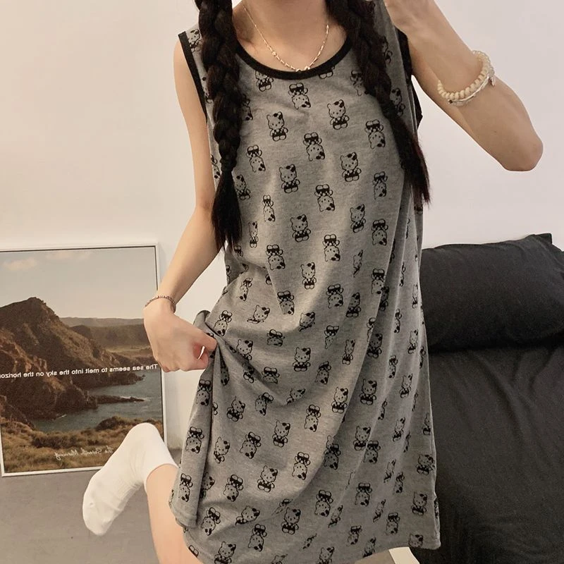 夏季睡裙女士睡衣薄款可爱卡通风凯蒂猫吊带无袖背心连衣裙家居服