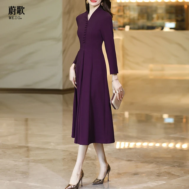 紫色连衣裙喜婆婆婚宴装2025春秋新款高级感气质收腰显瘦中长款裙