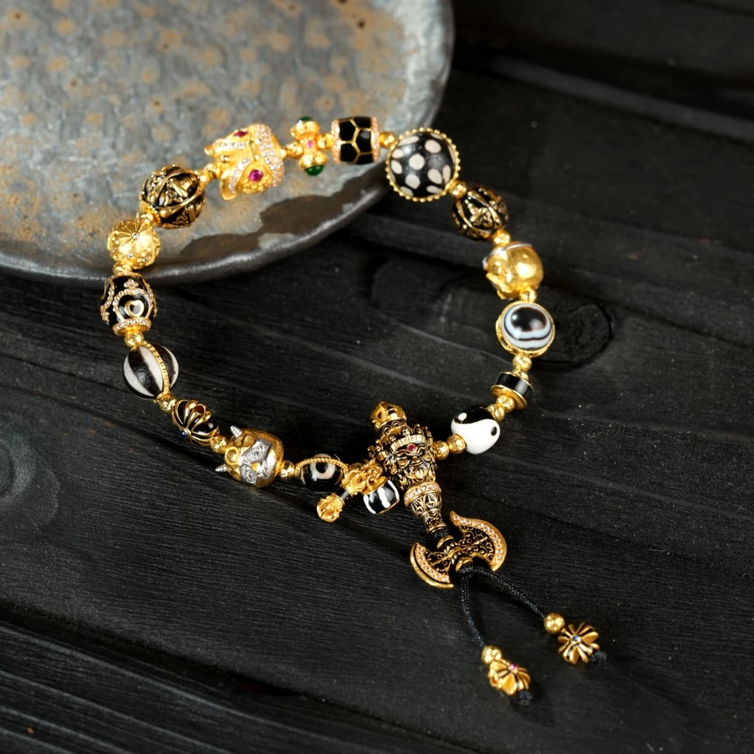 【壹芳珠宝】天然原矿玛瑙黑金多宝18K金镶手串6-10mm
