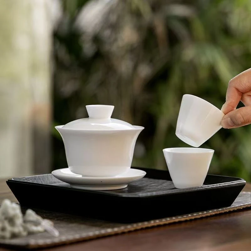 白瓷三才盖碗功夫茶具套装陶瓷家用一盖碗二杯简约