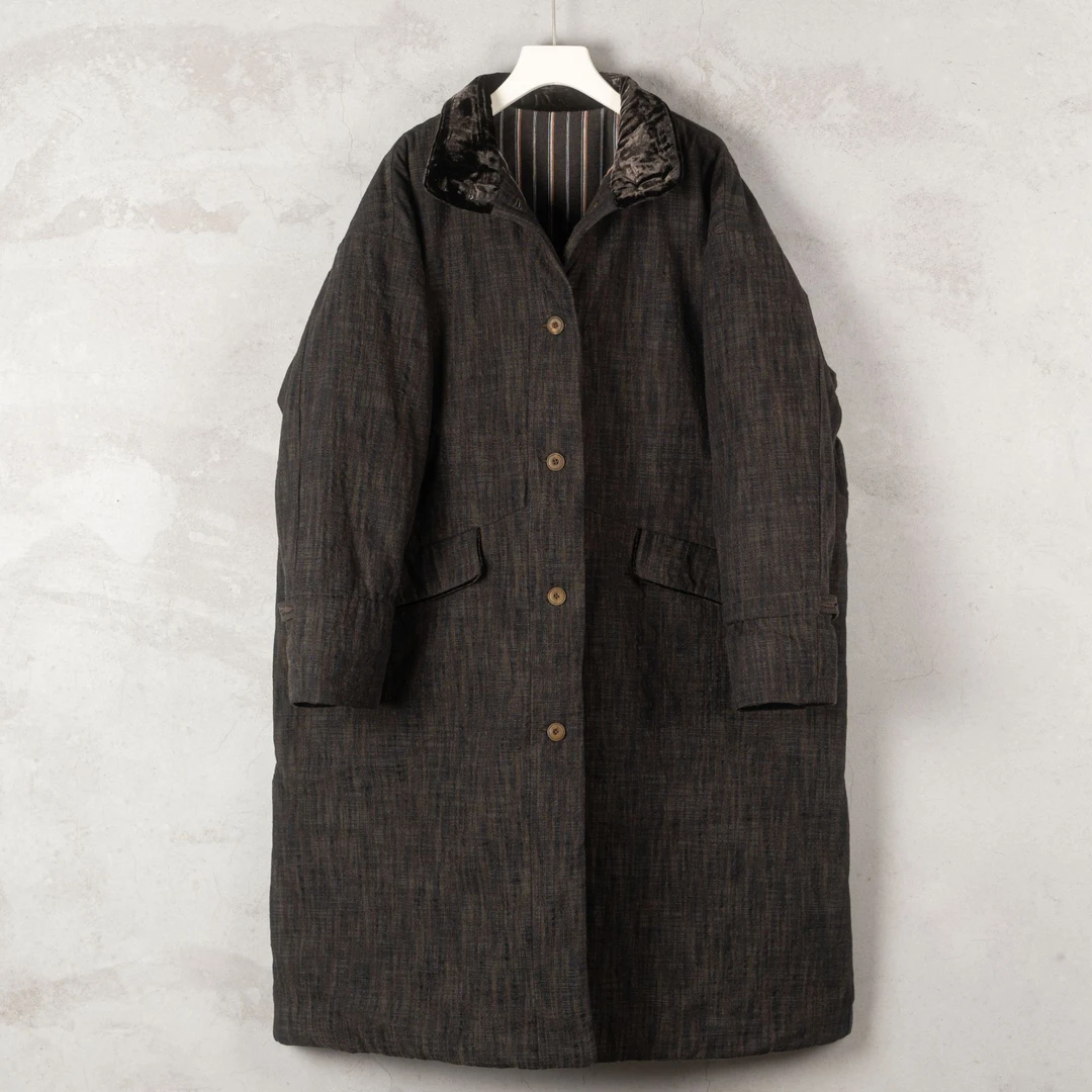 三木兮非2024冬季穿搭 24FF3051复古休闲舒适保暖长款棉服棉大衣