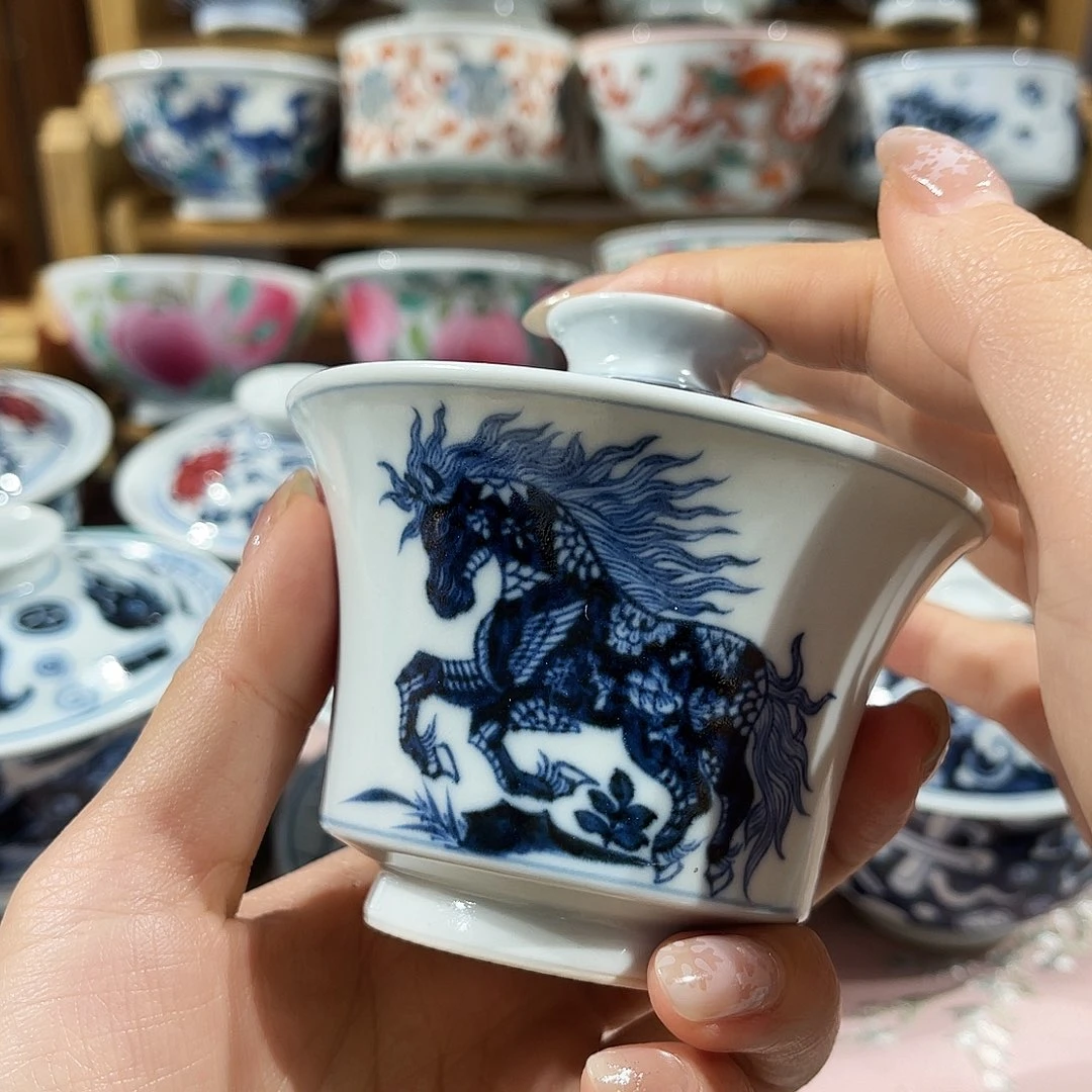 杯子瓷元青花马到成功盖碗