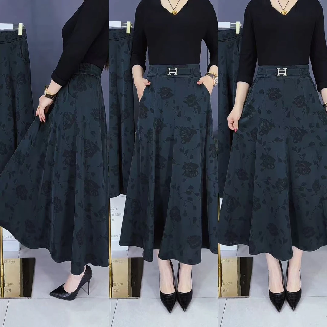 M29-2夏季新款顺滑花朵高级感百搭八片A字版大摆妈妈半身裙